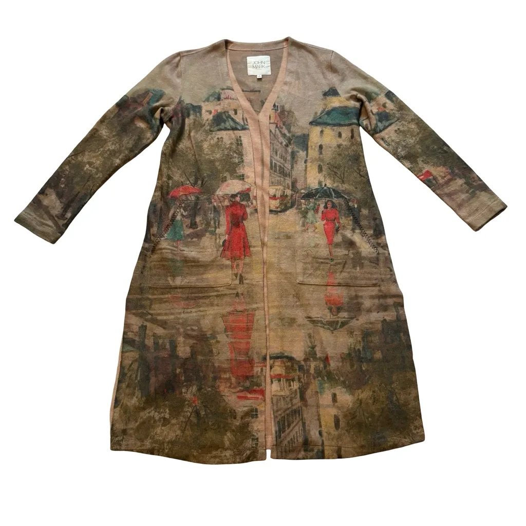 John Mark Art Print Long Line Open Front Cardigan, Sz S - Image 11