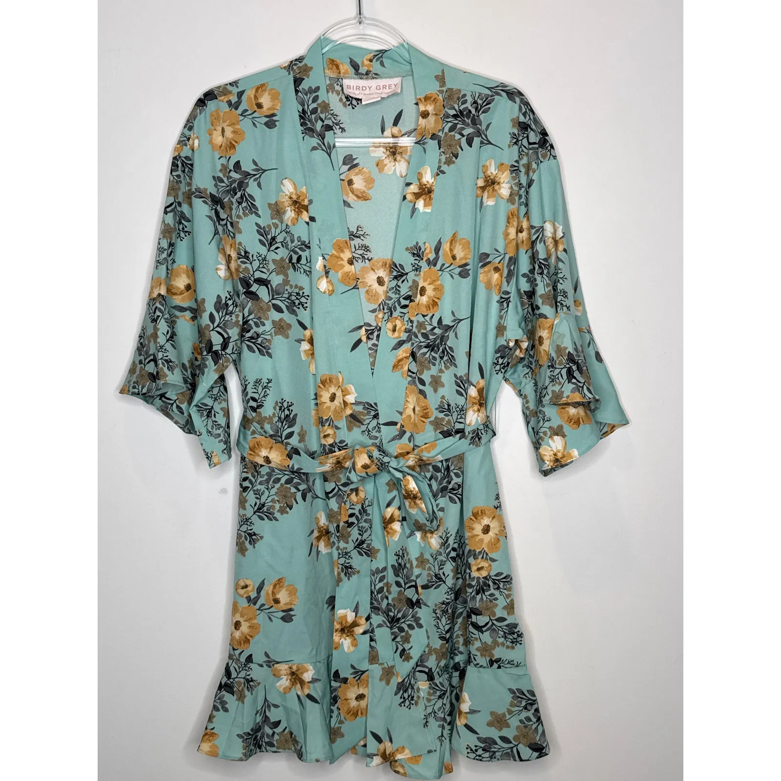 Birdy Grey Floral Kimono-Style Robe – Mint & Mustard size XS - Image 5