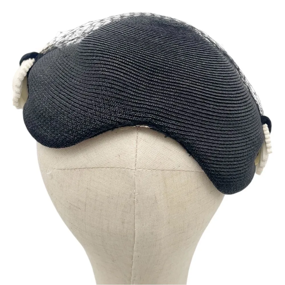 Vintage 50s Tilt Hat Black & Cream Straw Close Style Fascinator Black Mesh Veil - Image 11