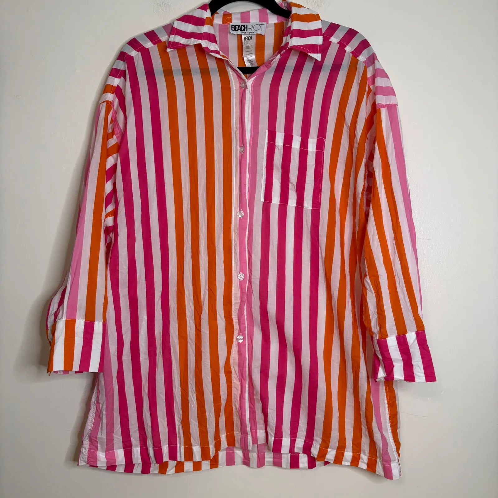 BEACH RIOT Striped Oversized Button Down Shirt Tunic Pink Orange White S M - Image 1