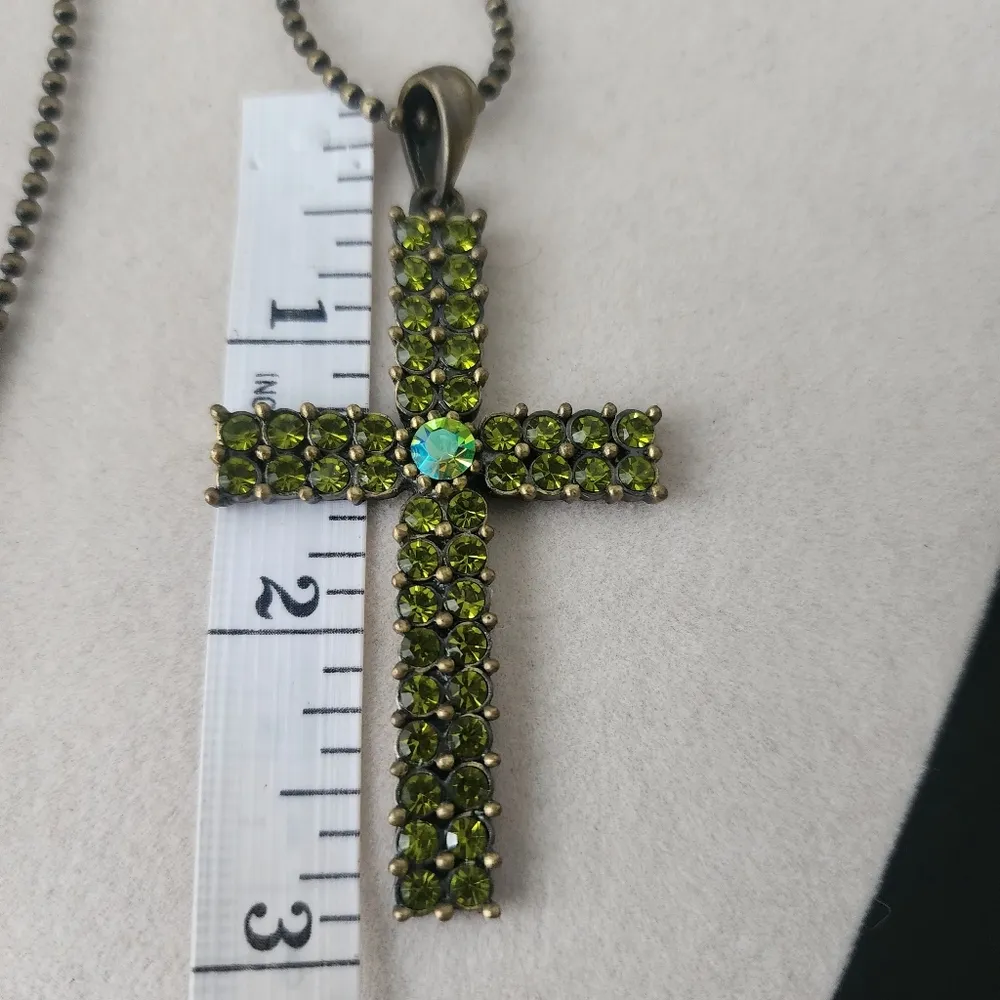 Brass Green Crystal Cross Pendant on 18" Chain - Image 4
