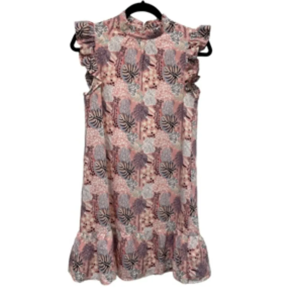 THML Ruffled Flutter Sleeve Tiered Tropical Floral Pink Mini Dress S/M - Image 10