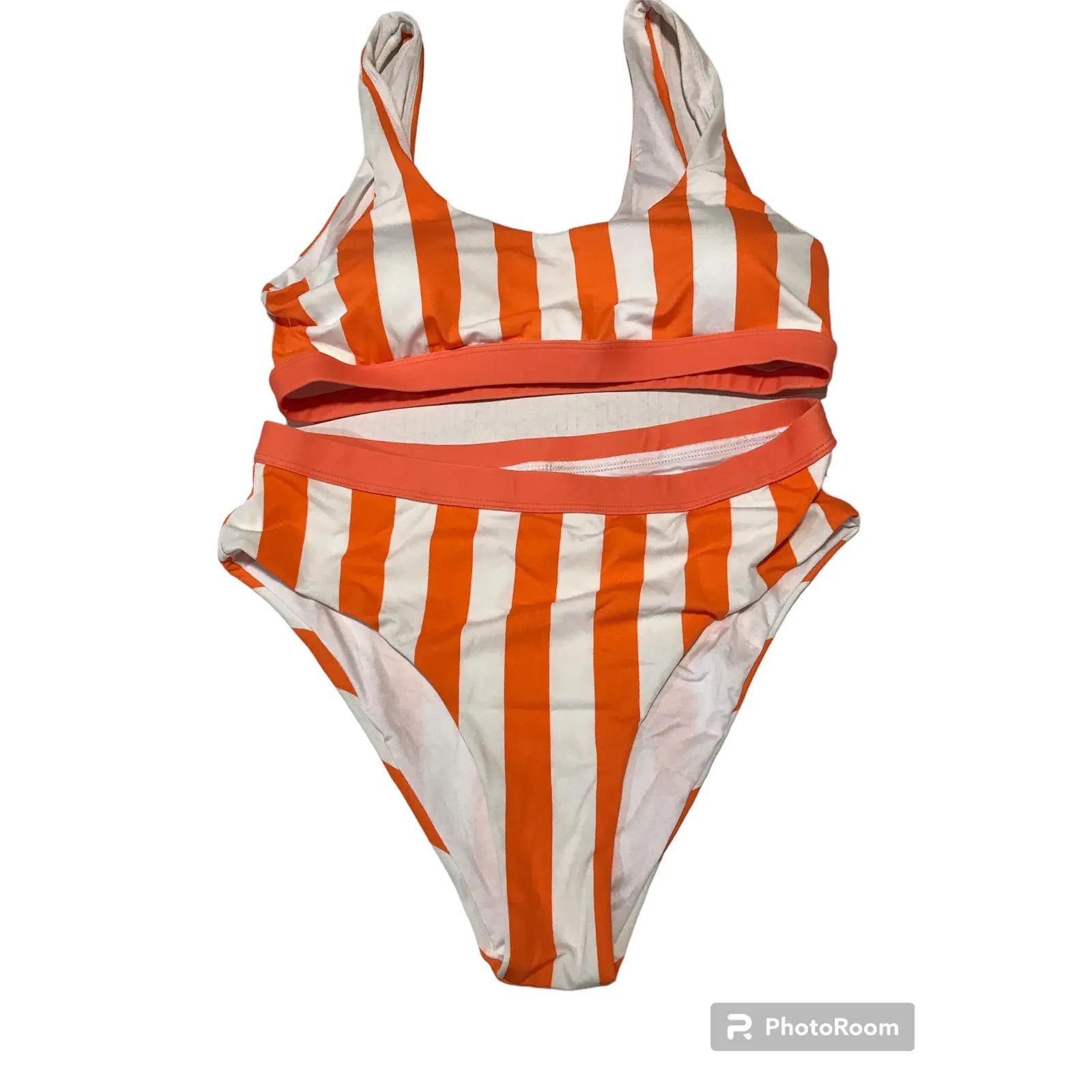 Striped Large 2 piece New High Waisted Bikini Set‎ Orange - Image 11