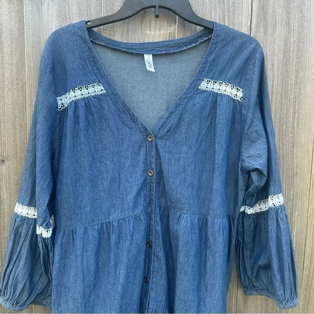 Lapis Anthropologie Denim Shirt Dress Women Large Retro 80s 3/4 Sleeve Mini Lace - Image 2
