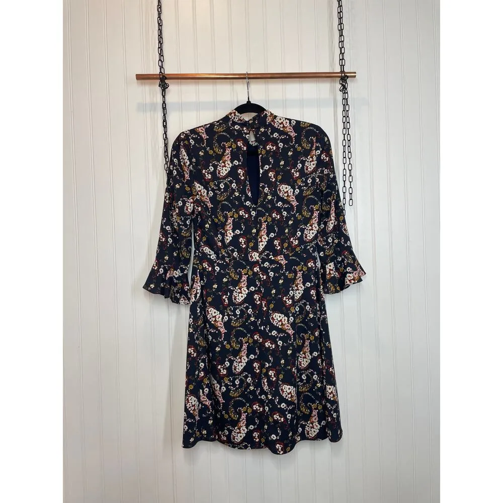 Slate & Willow Floral Pollock Mini Dress Navy Mock Neck Bell Sleeve Size 4 - Image 3