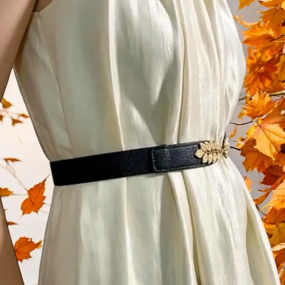 Black Elegant Gold Leaf Buckle Elastic Casual Belt Adjustable One - Image 6