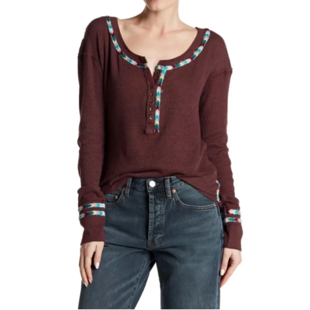 We The Free Maroon Embroidered Rainbow Thermal Henley Top Long Sleeve Plum XS - Image 7