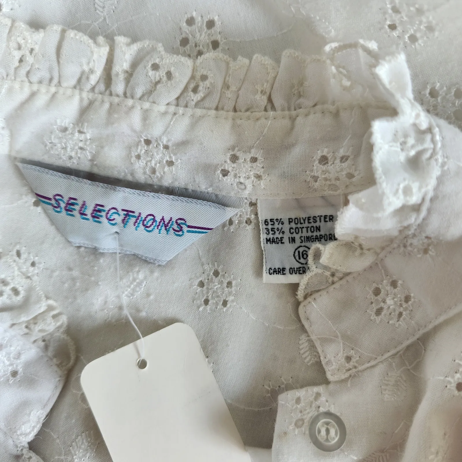 Vintage 80s 90s White Eyelet Ruffle Button Down Blouse Romantic Cottagecore L Size L - Image 7
