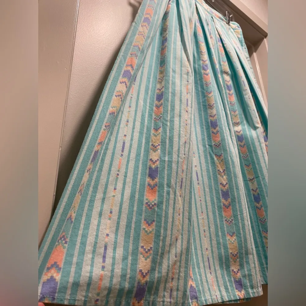 Vintage Boho Ms. Paquette California Pastel Mint Green Blue Tribal Midi Skirt Size L - Image 6