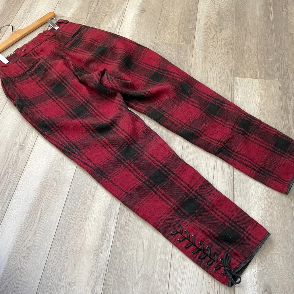 J. Peterman Company Pants plaid flannel lace up straight leg womens Red size 6 - Image 5