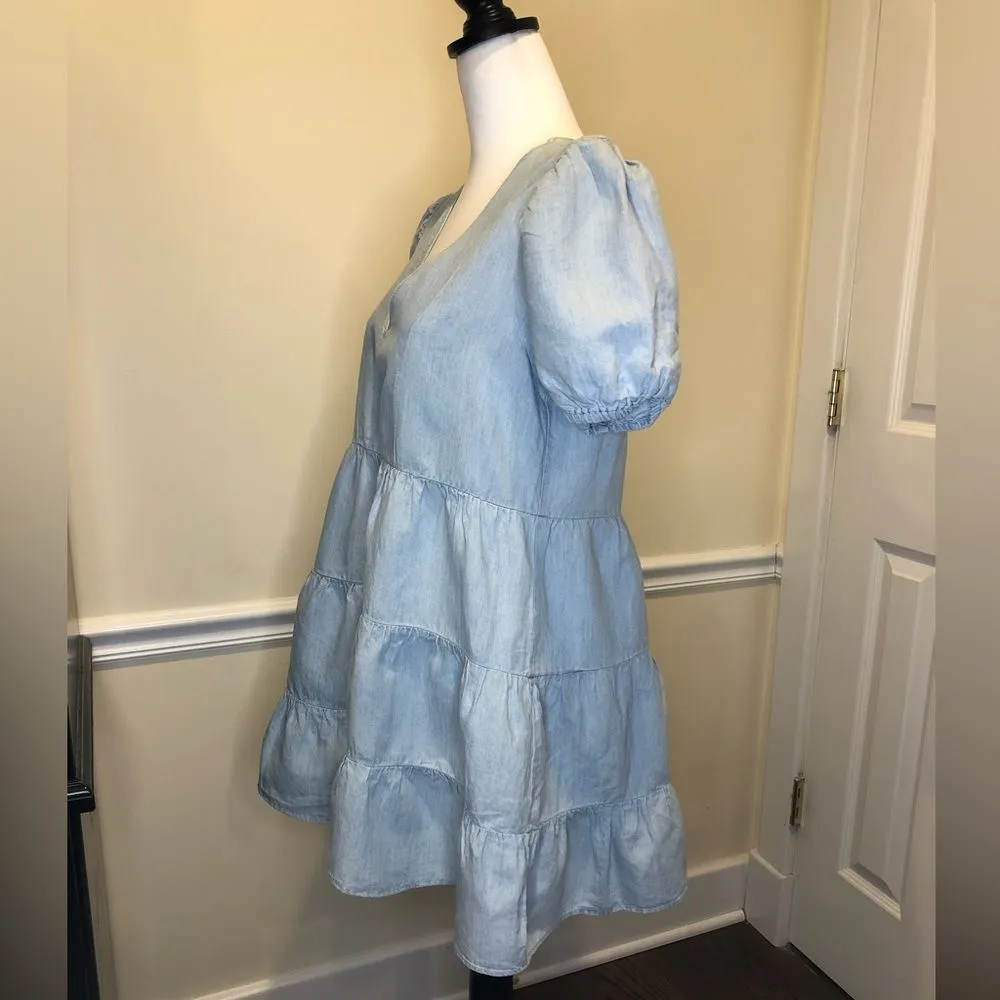 ZARA Blue V-Neck Short Puff Sleeve Babydoll Dress w Tiered Skirt Sz MD - Image 6