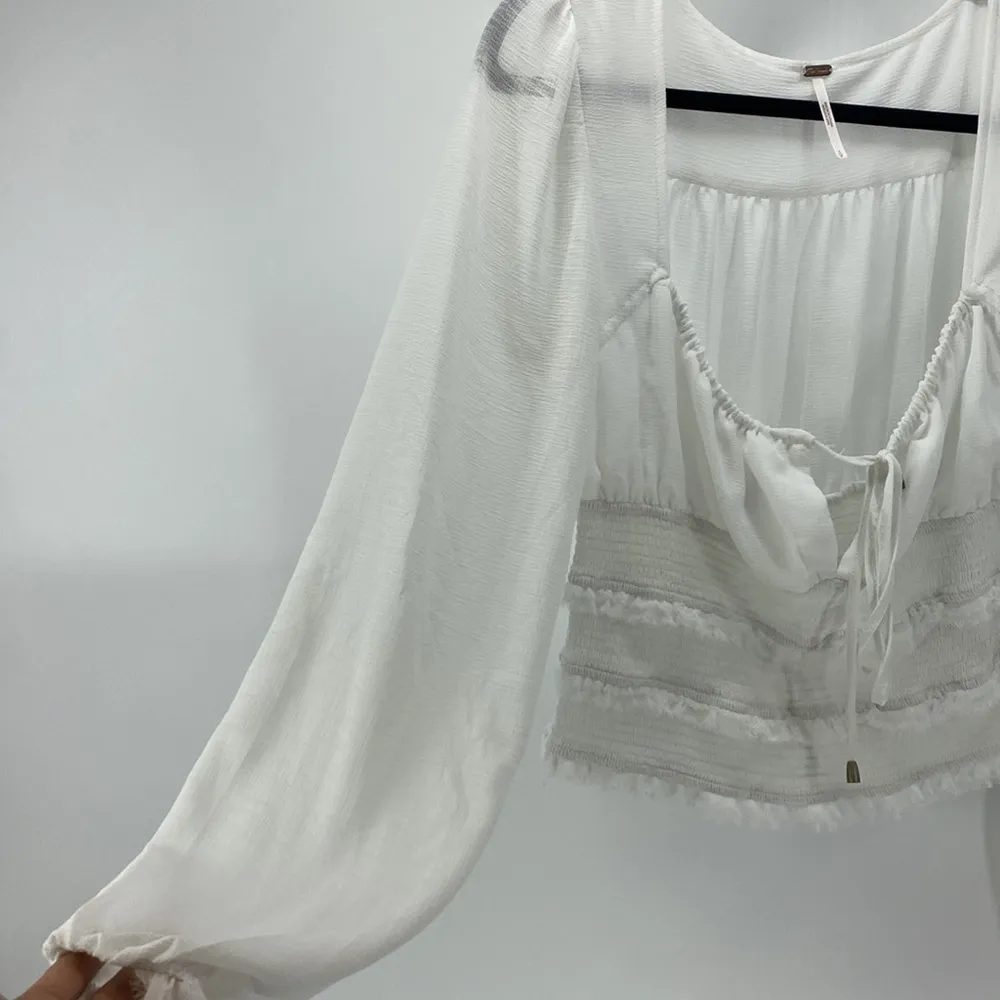 FREE PEOPLE WHITE SHIRRED WAIST SHEER SLEEVE FRILL TRIM PEASANT TOP - Image 4
