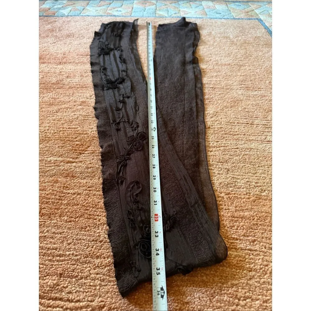 Brown Silk Chiffon Wool Blend Scarf Floral Appliqué Wrap Shawl Boho Romantic Brown - Image 4