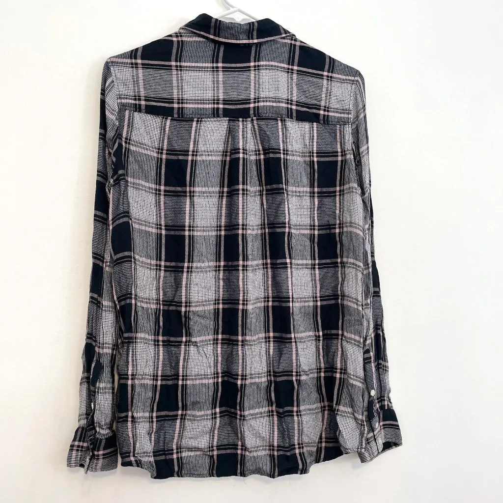 EXPRESS Patch Pocket Plaid Boyfriend Shirt Black White Flannel Button Down Tunic - Image 13