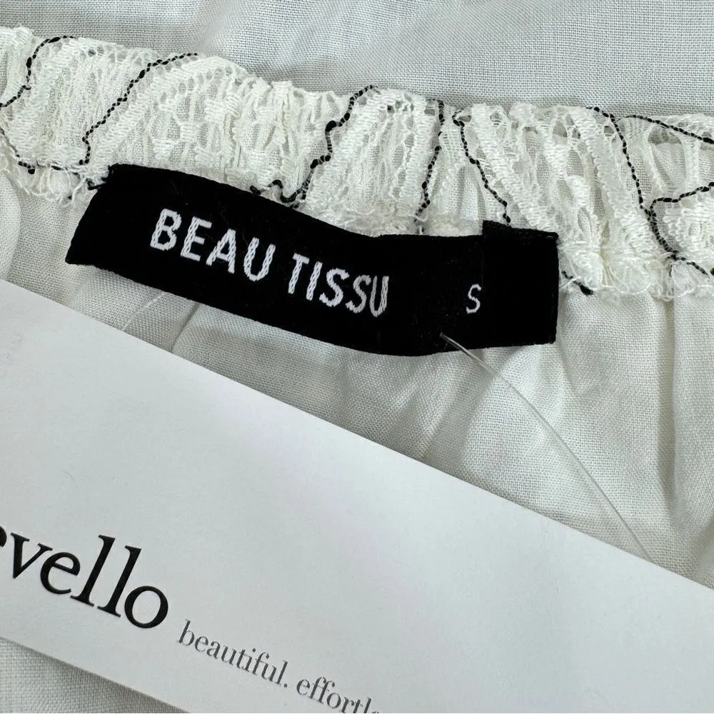 Beau Tissu Lace Cold Shoulder Puff Sleeve Halter‎ Blouse White Black Small - Image 10