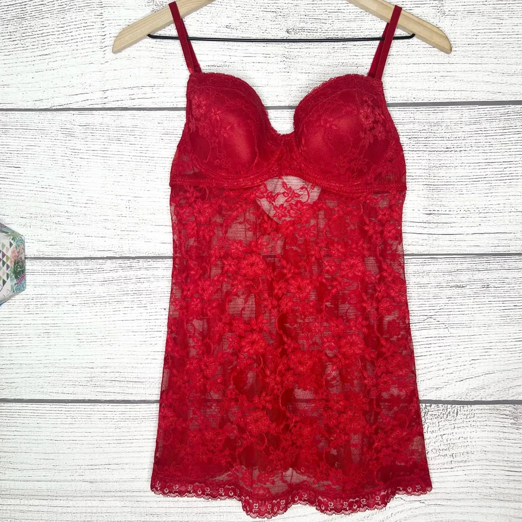 Jesebel Sheer Red Floral Lace Bustier Bra Top Chemise Slip Lingerie Size Large - Image 2
