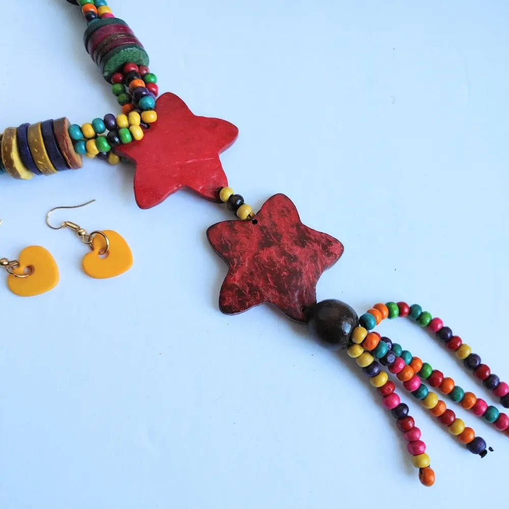 Colorful Wood Bead Necklace Set Red - Image 3