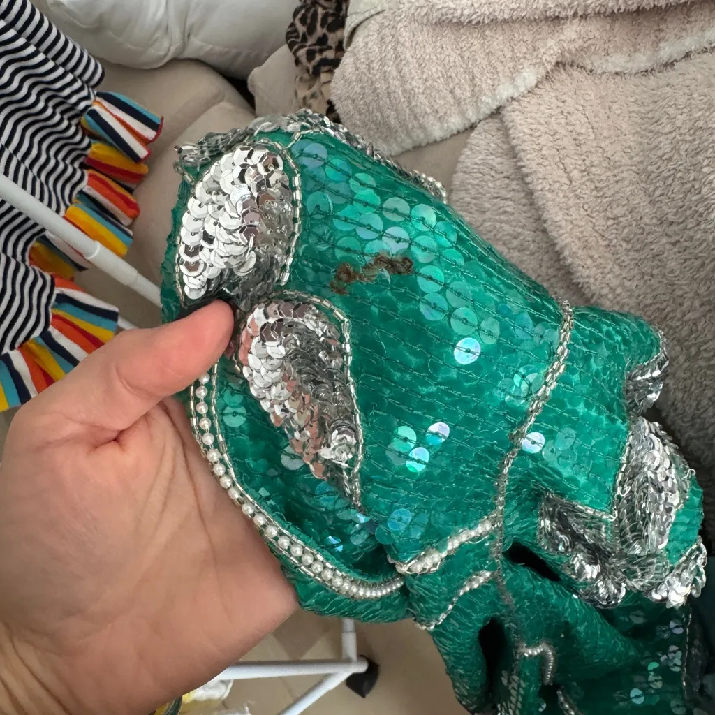 Vintage 80s Sequins Silk Beaded Top Emerald Floral life of a showgirl blouse Silver Size M - Image 10