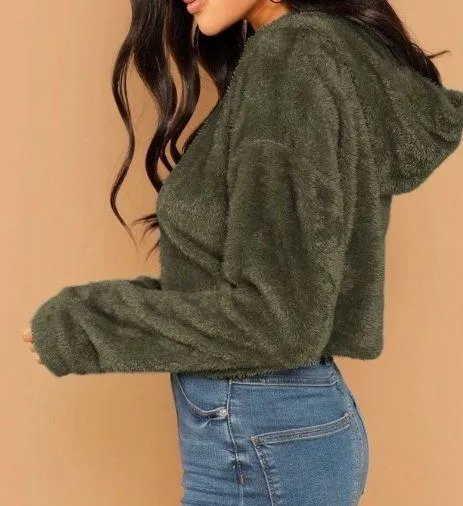 Drop Shoulder Fuzzy Crop Hoodie - Image 2