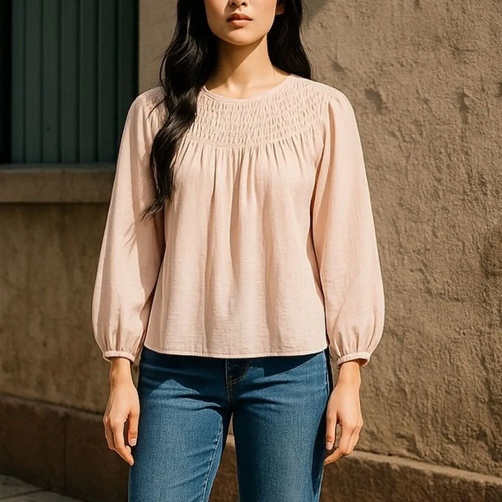 NWT DownEast Pleated Yoke Long Sleeve Blouse Light Beige Blush Size Small NEW - Image 15