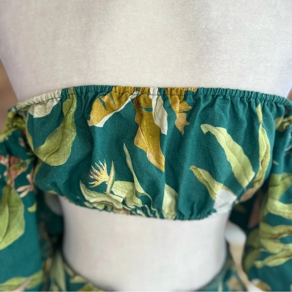 O.P.T. Callista Dress Maxi Floral Palm Off the Shoulder Linen Blend XS Party Mod Green - Image 12