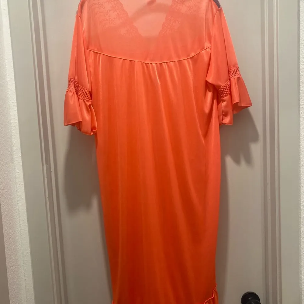 Happie Coquette Coral Pink Lace Ruffle Trim Midi Negligee Nightgown Robe - M - Image 14