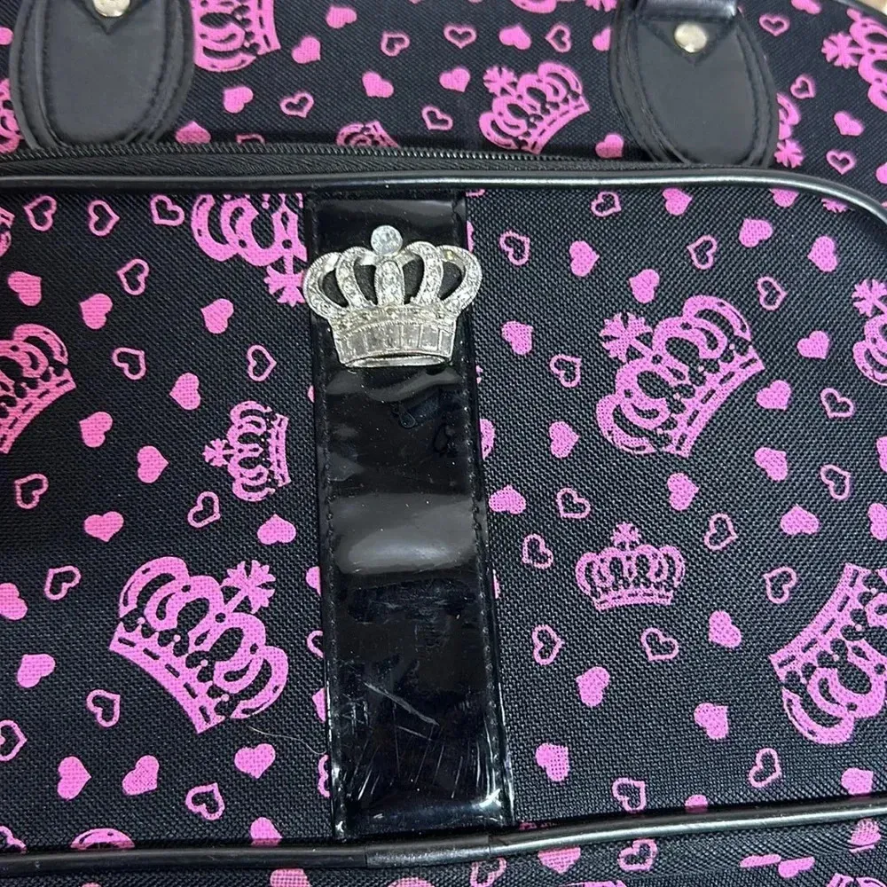 J Gorden Black Pink Rhinestone Crown Double Handle Travel Overnight Carry On Bag Purple - Image 13