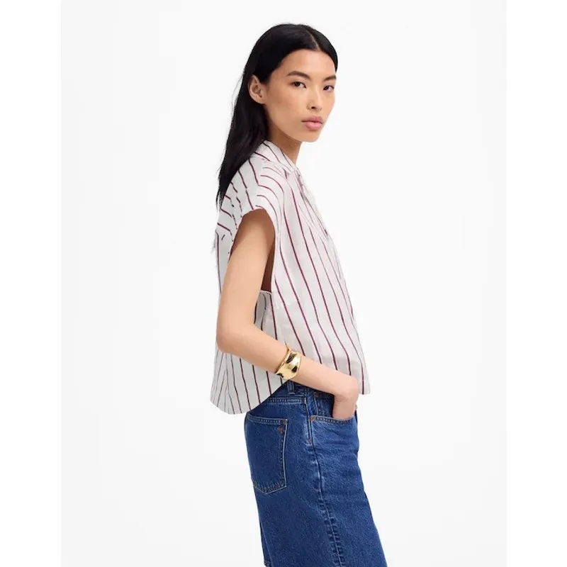 NWT Madewell Resort-Collar Shirt in Linen-Cotton In Dark Rose Stripe Size Large - Image 2