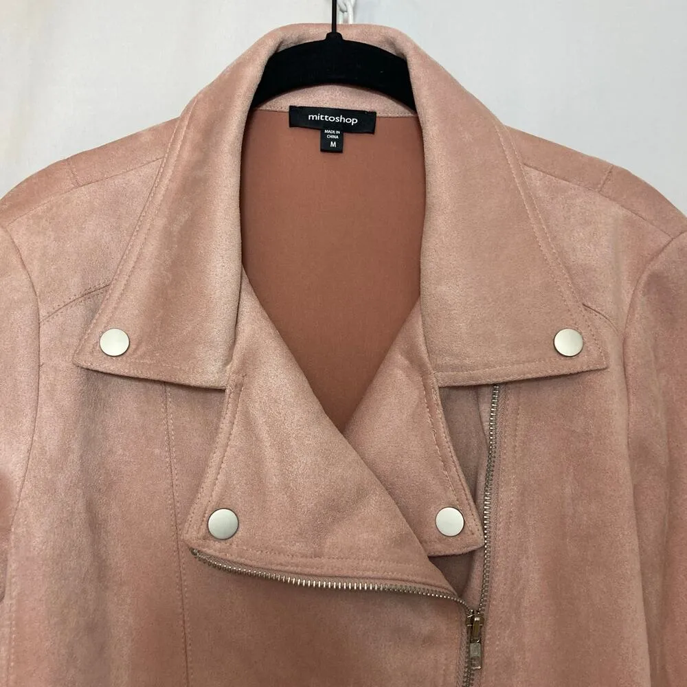 Mittoshop Faux Suede Light Pink Asymmetrical Zip Up Vegan Leather Moto Jacket - Image 2