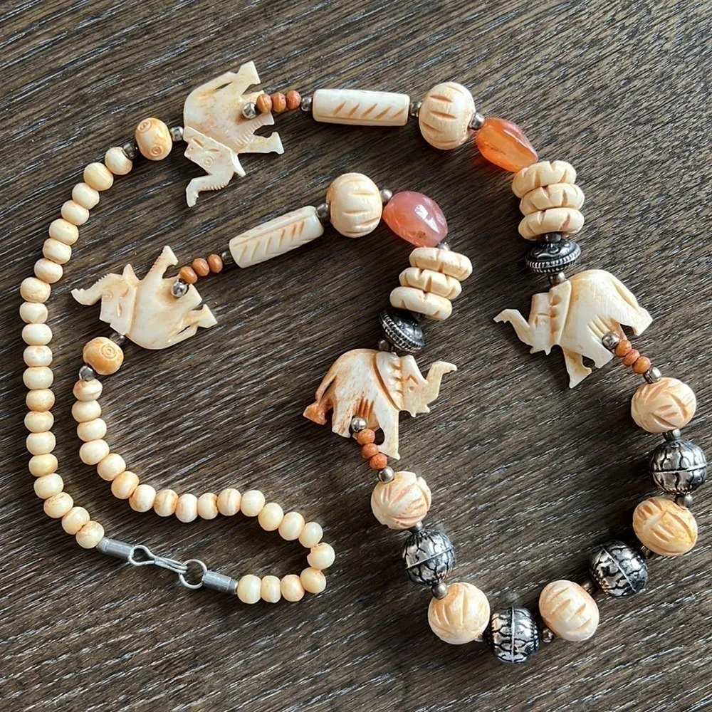 Hand Crafted authentic carved bone beads necklace with agathe & elephant Tan - Image 4