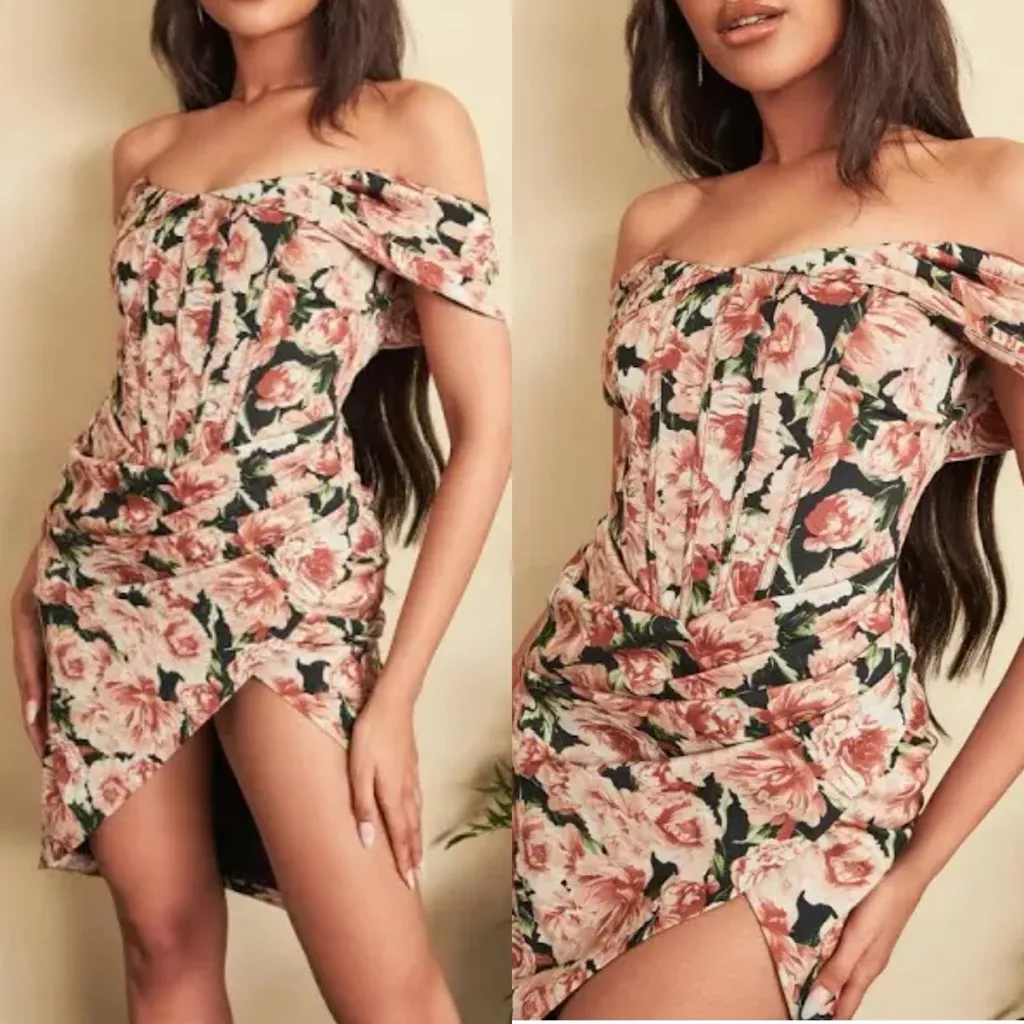 Lavish Alice Floral Rose Print Off The Shoulder Corset Midi Dress - Image 6