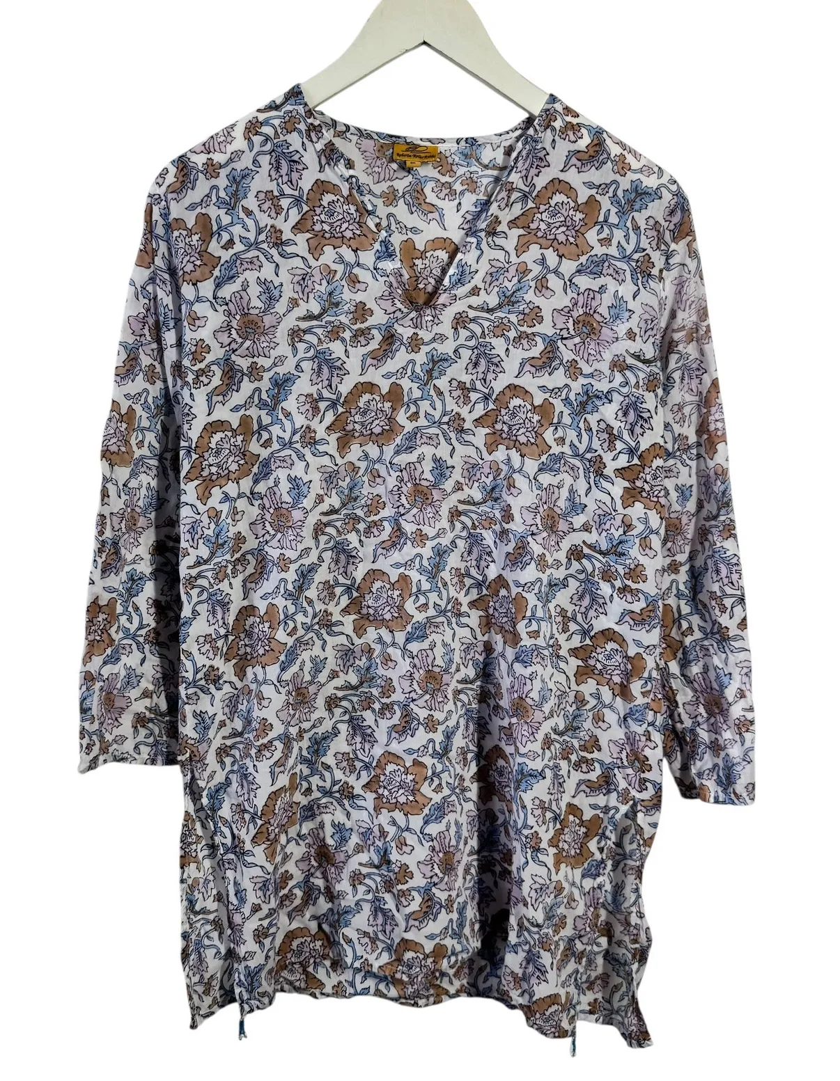 Roberta Roller Rabbit Top Women M White Blue Floral Tunic 3/4 Sleeve 100% Cotton - Image 1