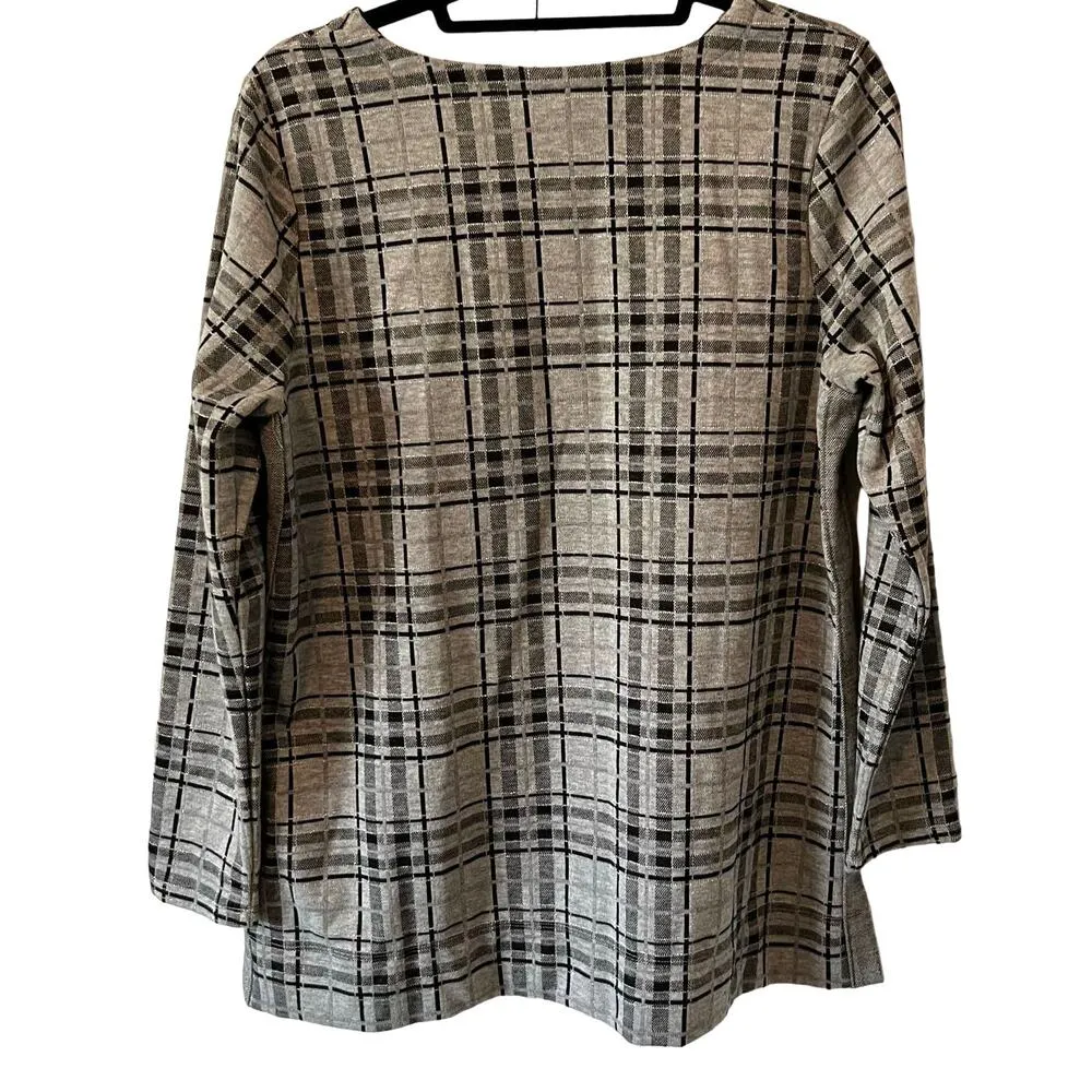 J. JILL Plaid SilverBlack Metallic Shimmer Knit Tunic‎ Top Sz M Gray Size M - Image 4