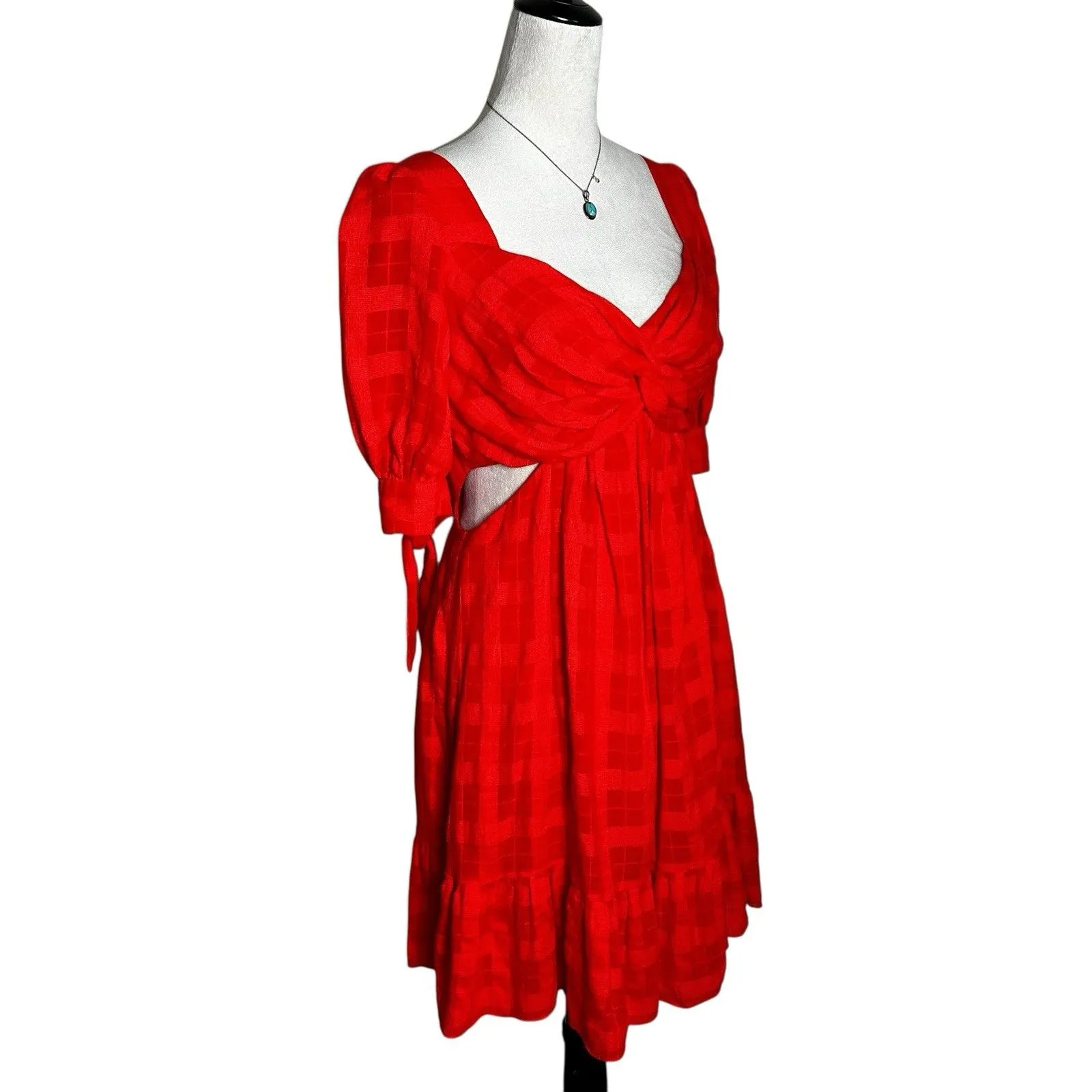 Cinq à Sept Red Puff Sleeve Babydoll Mini Dress M | Festive Holiday Party Resort Size M - Image 2