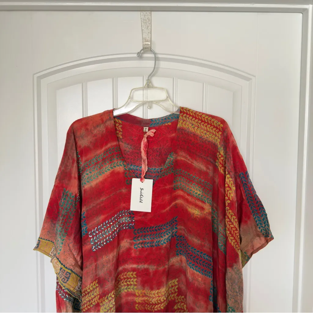 Sun Child Silk Kaftan Boho Kantha Wide Sleeves V Neck Kimono Dress One Size NWT - Image 3