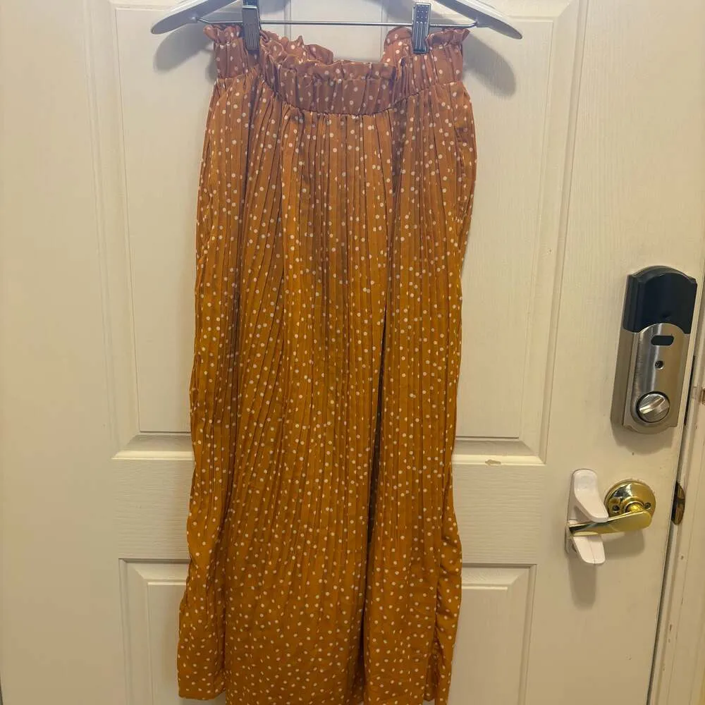 EXLURA Women's High Waist Mustard Yellow Polka Dot Pleated Midi Skirt w Pockets - Image 8