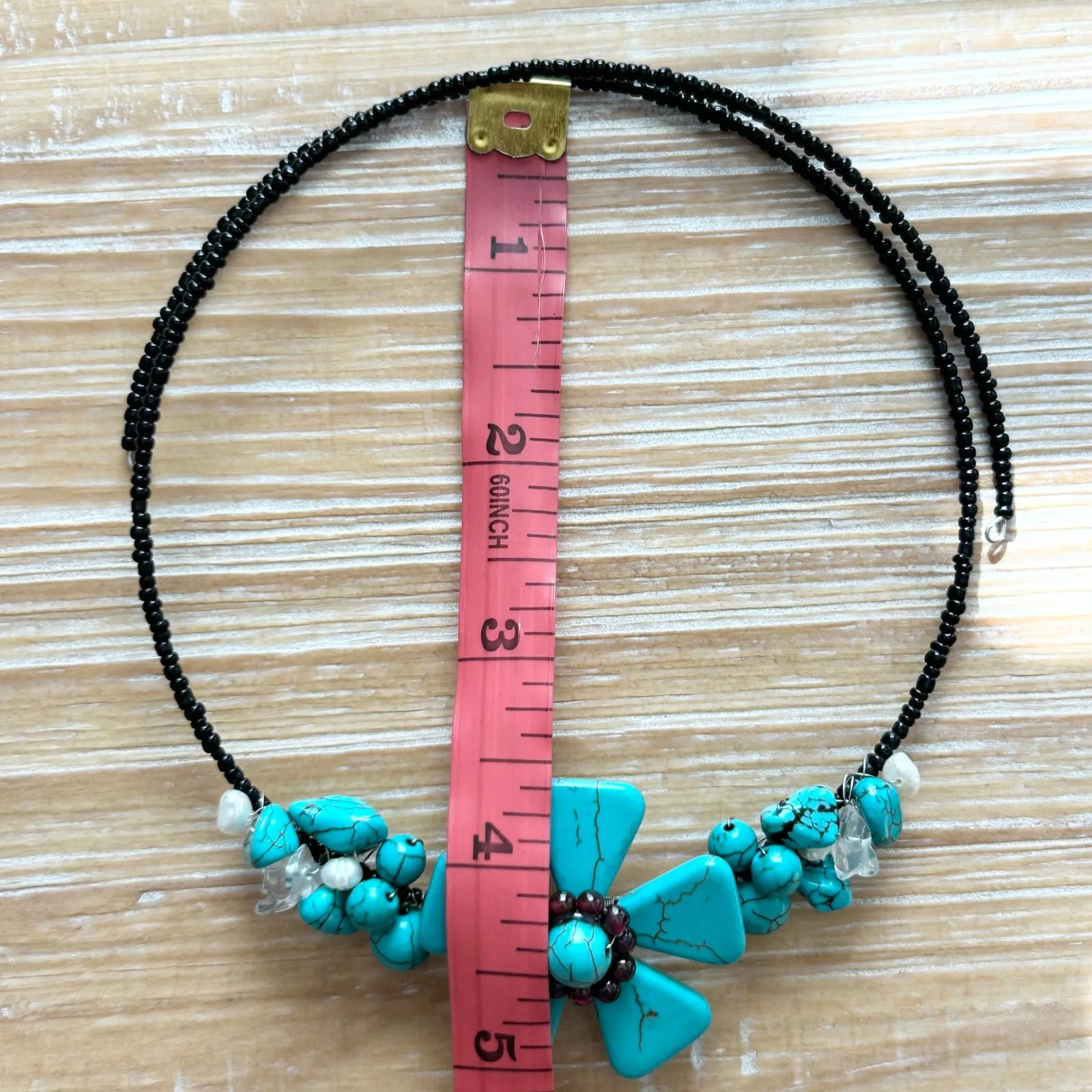 Faux Turquoise Flower Beaded Choker Necklace Boho Statement Gemstone Black - Image 6