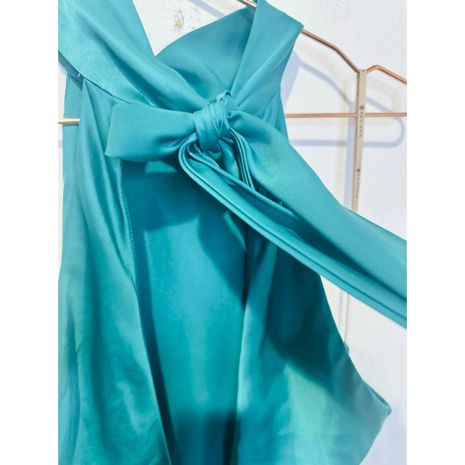 FAVIANA Green Satin Sleeveless Halter Neck Thigh-High Side Slit Gown Dress sz 14 - Image 5