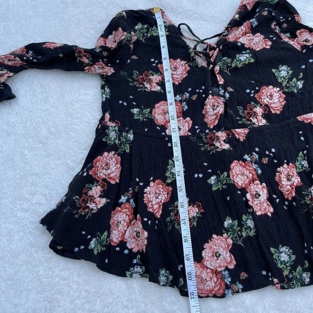 American Rag Floral Top Blouse Womens Sz XS Black Lace Up Back Bell Sleeves Boho - Image 8