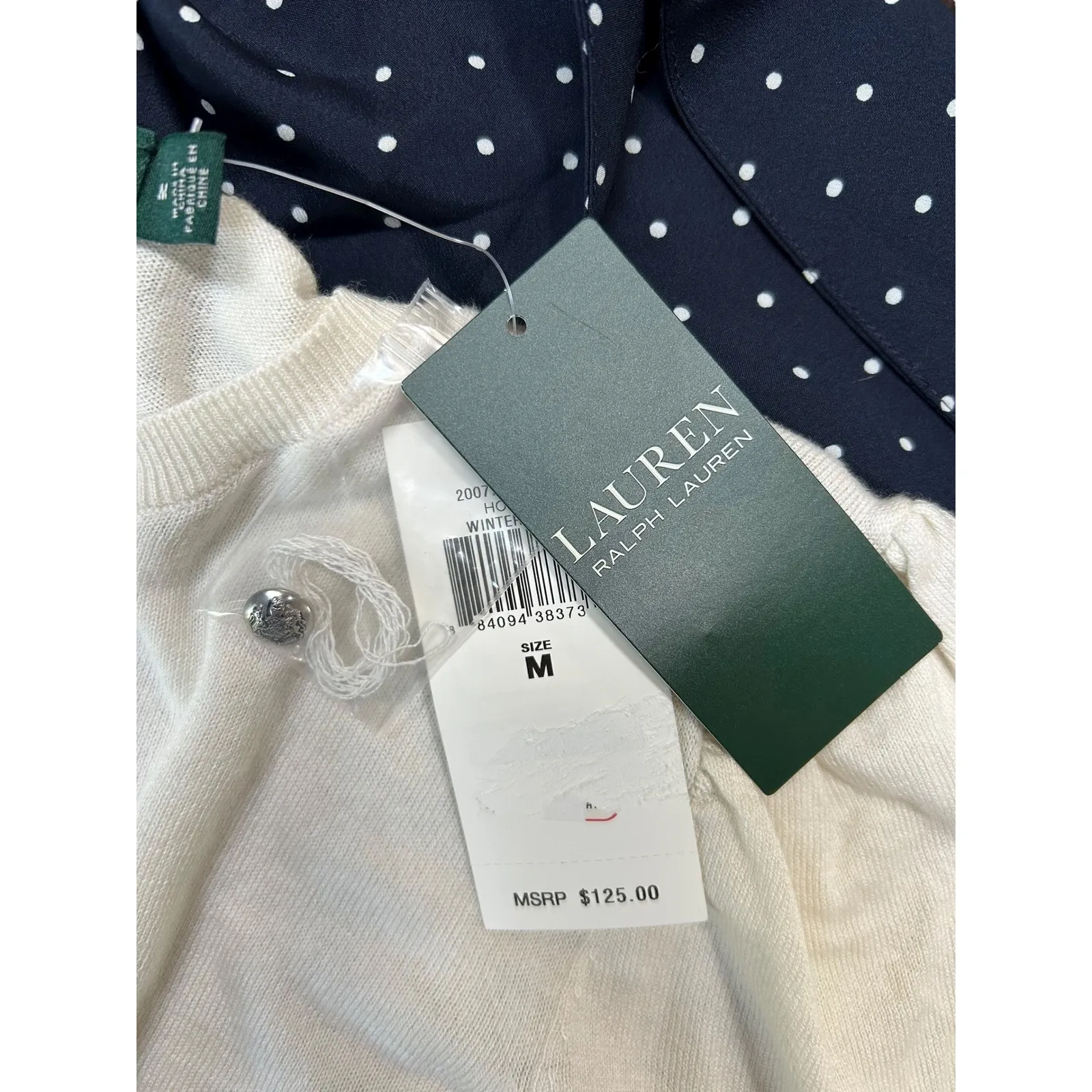 Lauren Ralph Lauren NWT Button Front Cardigan‎ Sweater Polka Dot Scarf Sz Medium - Image 4