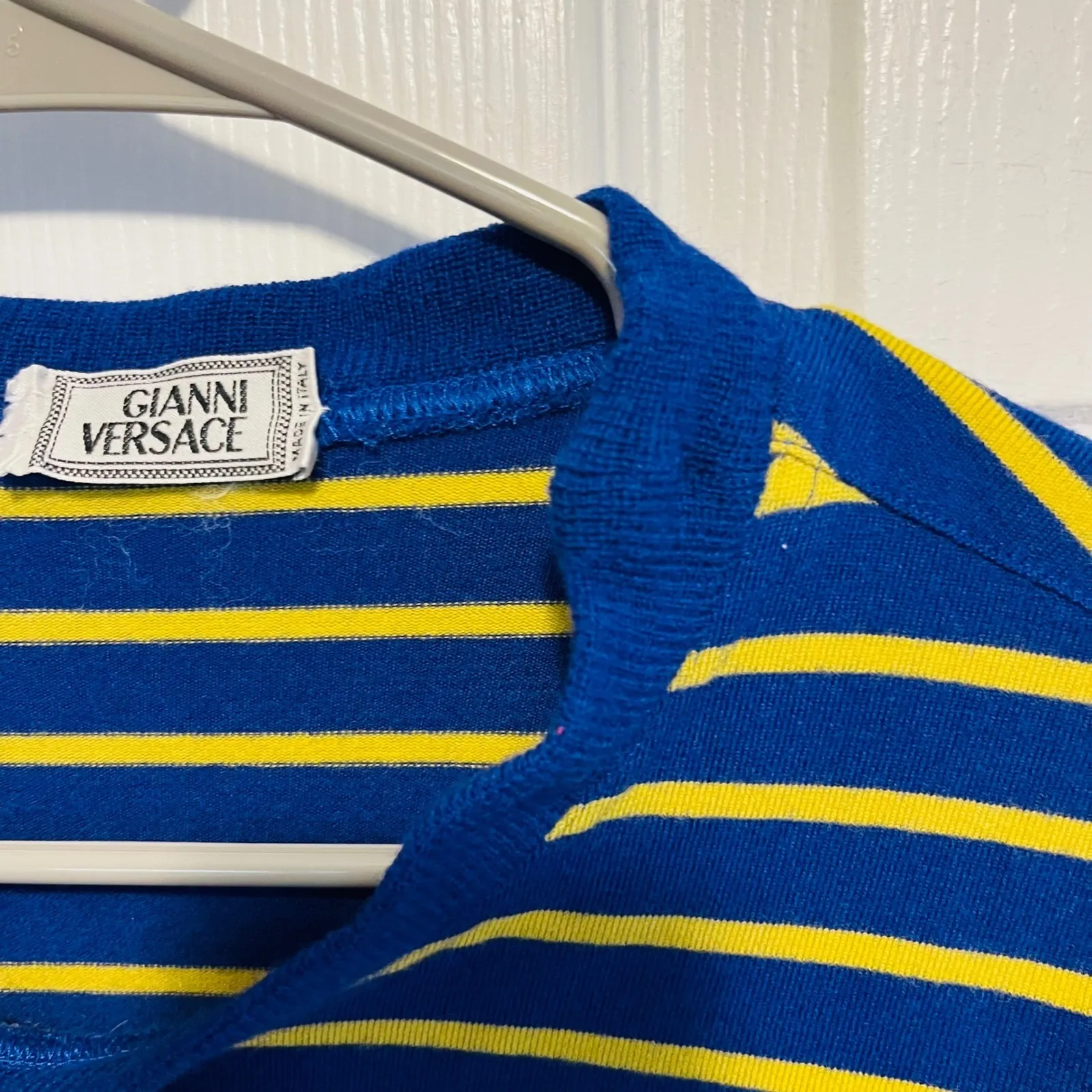 Vintage Gianni Versace Blue Yellow Stripe Long Sleeve Knit Top Made in Italy - Image 15