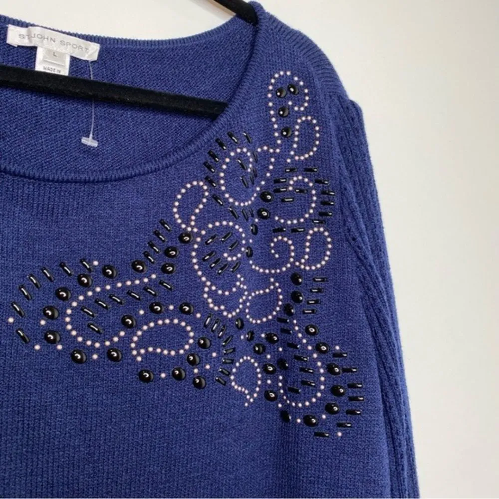 St. John Sport Navy Blue Embellished Pullover Santana Knit Sweater - Image 3