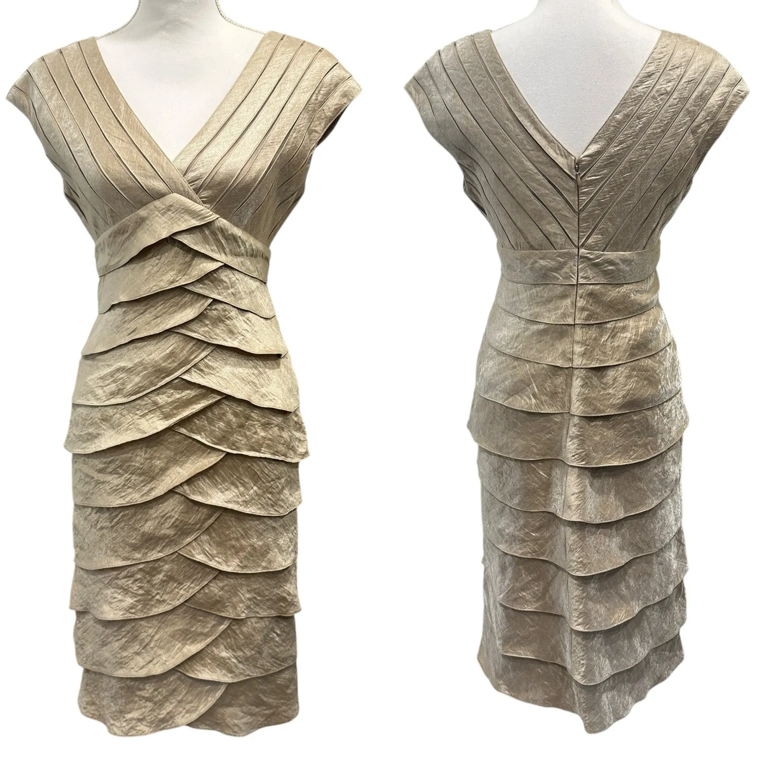 Adrianna Papell Champagne Gold Metallic Tiered Ruffle Empire Waist Dress Size 4 - Image 2