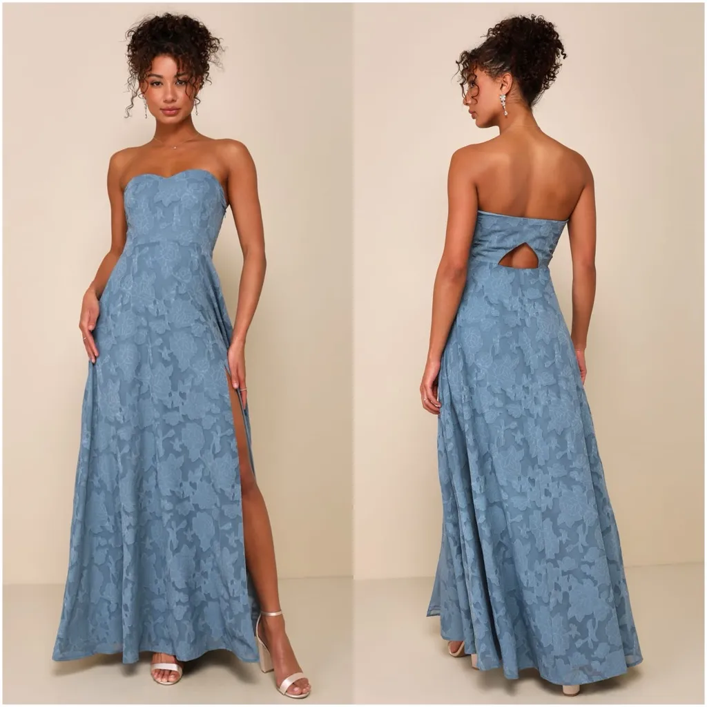 LULU’S Garden Of Romance Dusty Blue Floral Burnout Strapless Maxi Dress - Image 2