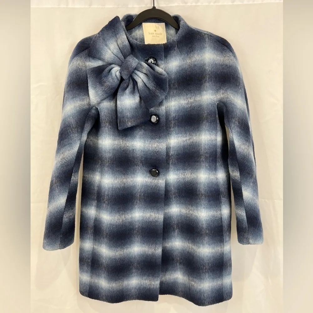 Kate Spade Dorothy Blue Check/Plaid Wool Blend Coat With‎ Bow Accent - Image 2