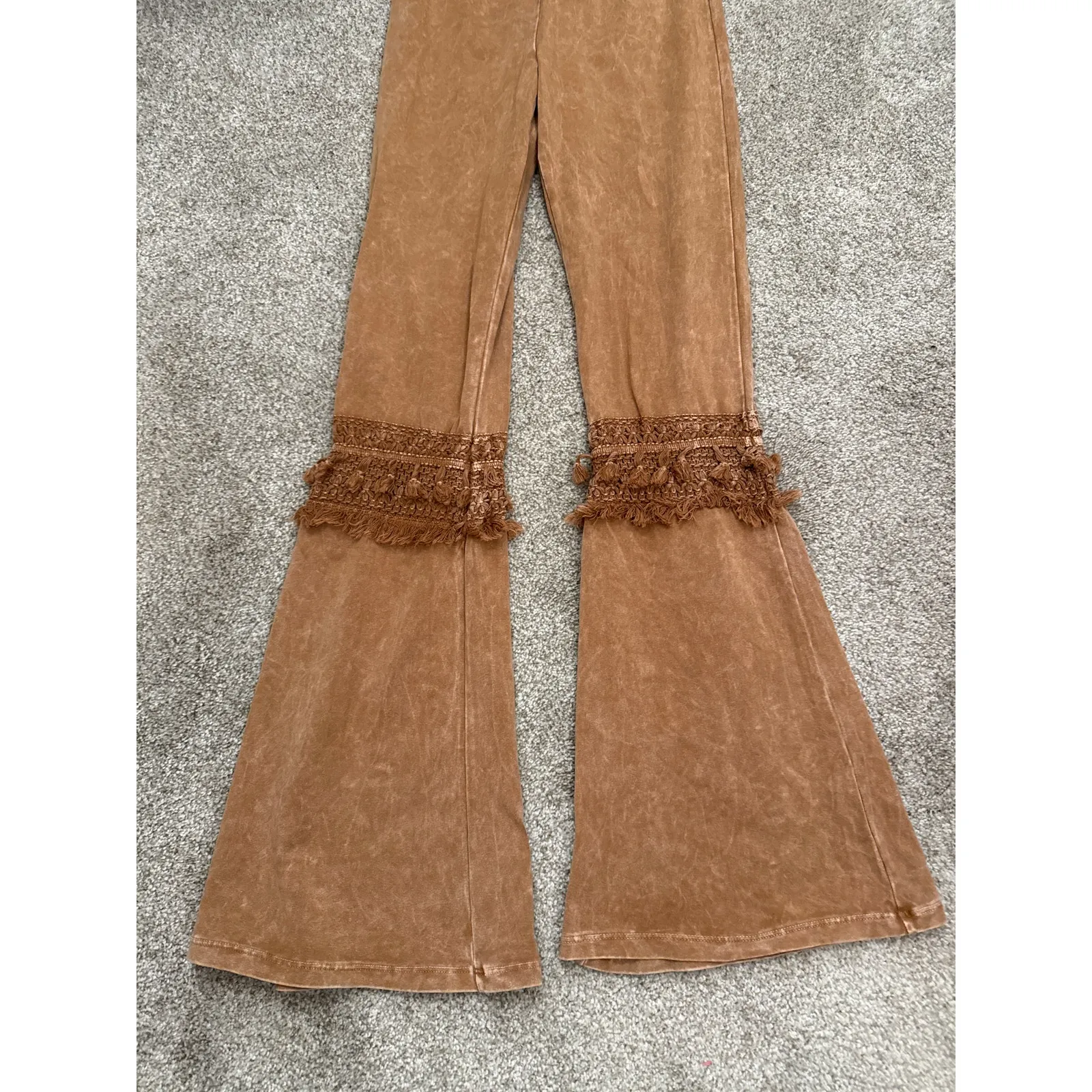 Chatoyant Tan Mineral Wash Bottom Knee Tassel Bell Bottom Pants, S - Image 5