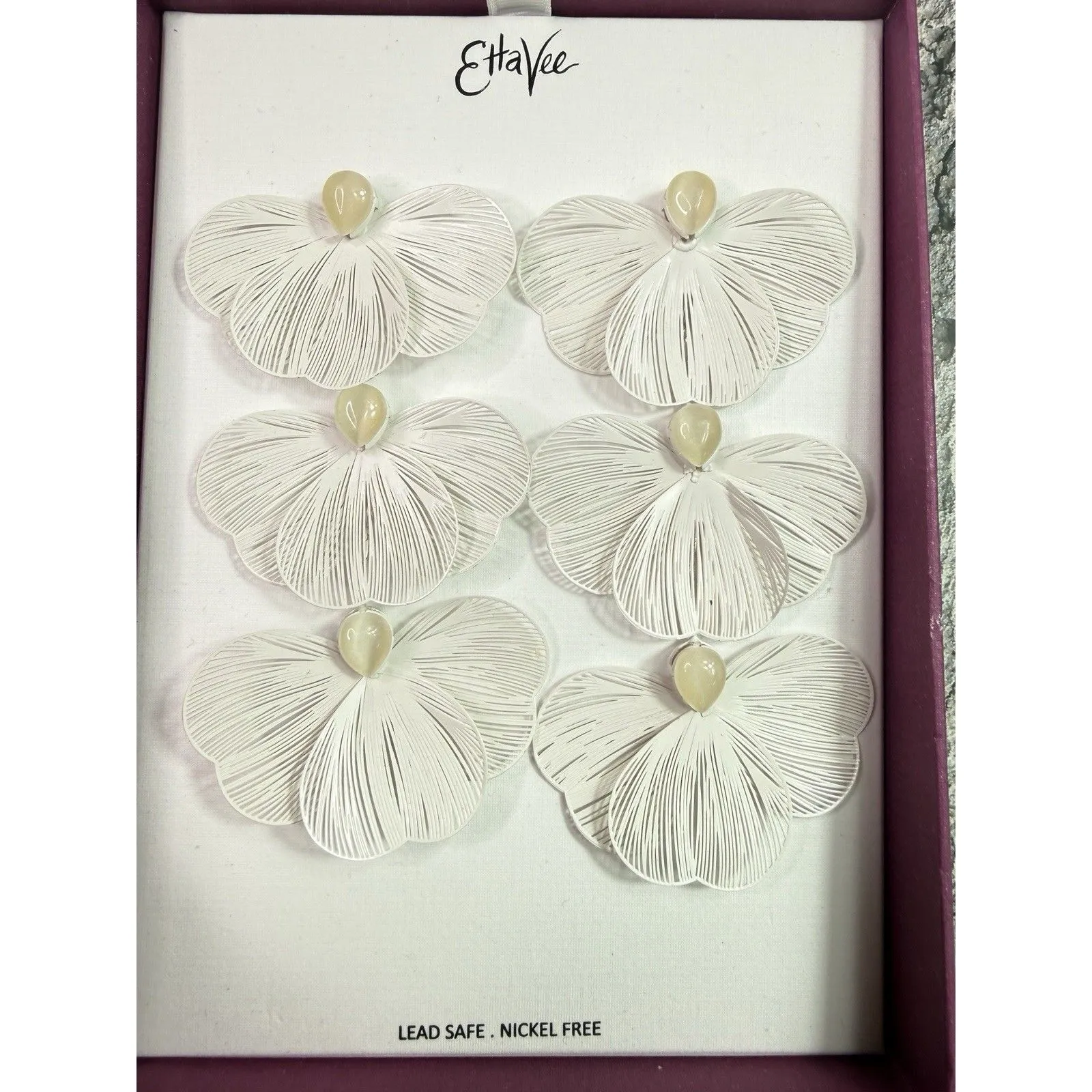 NEW IN GIFT BOX EttaVee Wire Petal Dangling Drop Earrings Lead Safe Nickel Free White - Image 2