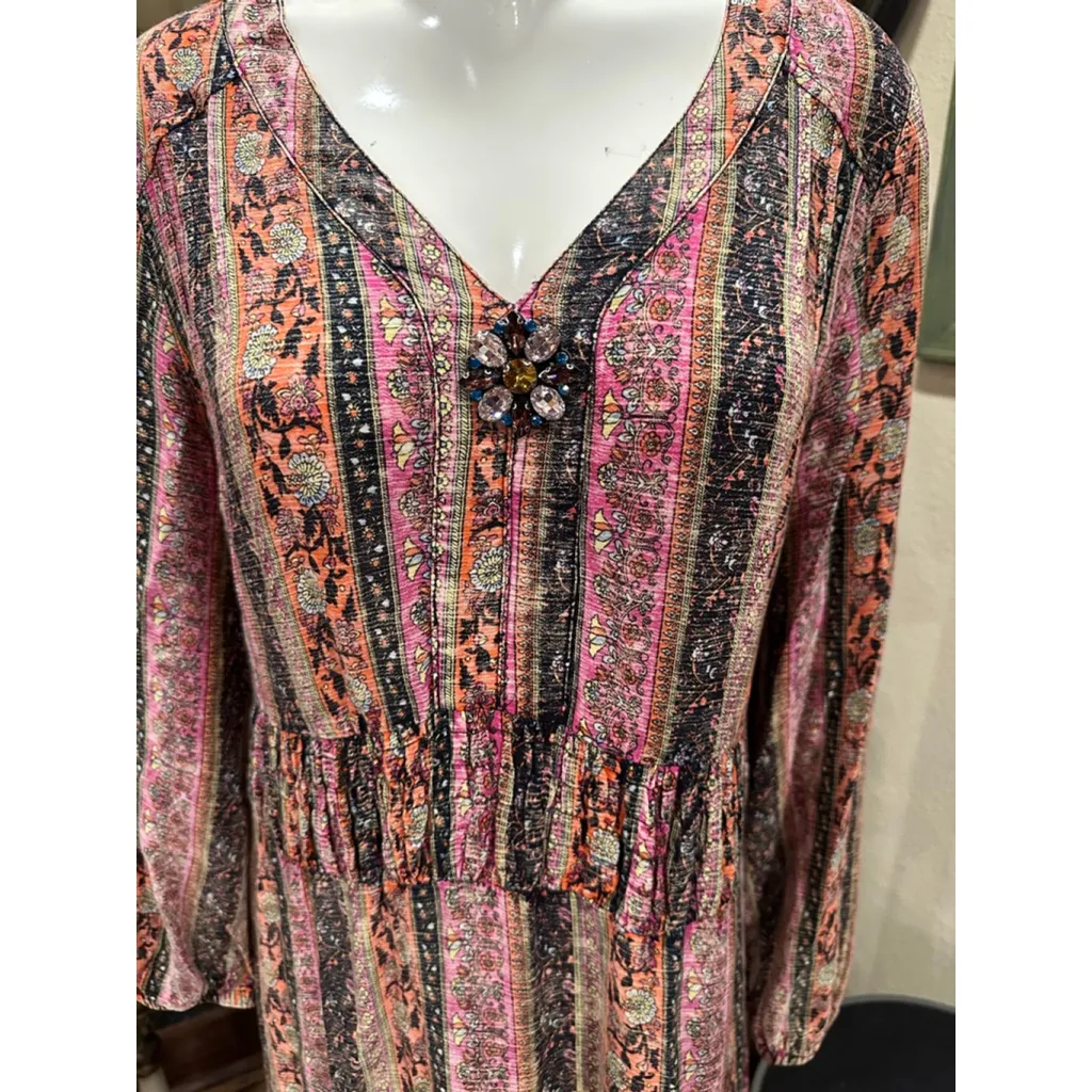 Women's Soft Surroundings Long Sleeve Dress PS Pink Black Striped - Image 2