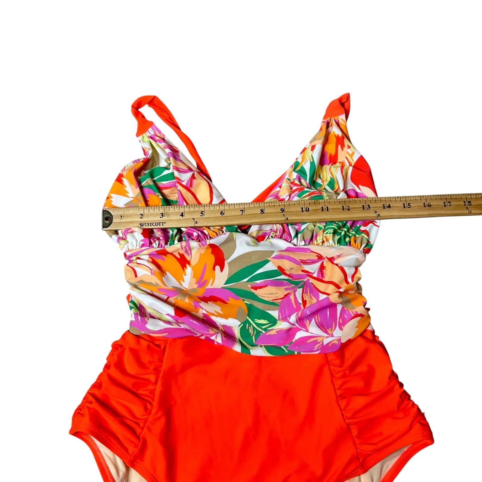 New Womens Swimsuit S/M Floral One Piece Ruched Orange Accents Pool Beach - Image 5