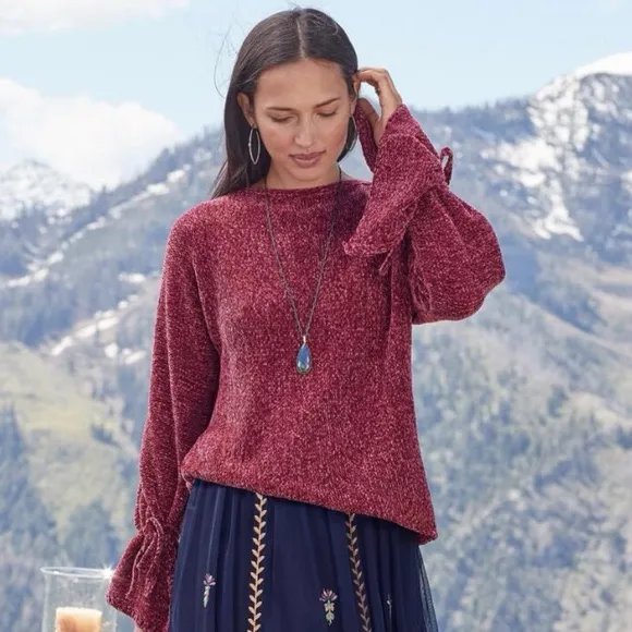 Sundance Samantha Chenille Bell Sleeve Pullover Sweater Women’s Small Dark Blue - Image 2